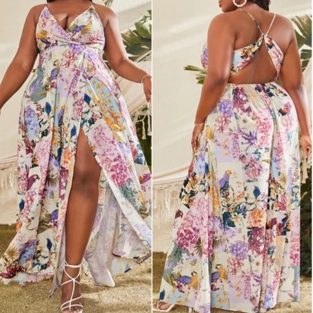 Boho Floral Print Criss Cross Back Maxi Wedding Party Dress - Picture 5 of 5